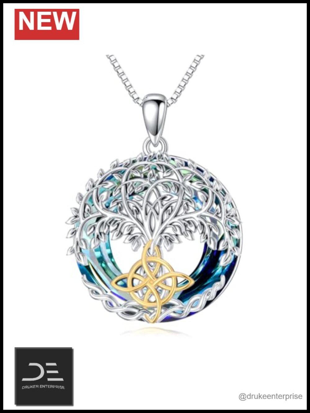 Sterling Silver Tree of Life Pendant Necklace with Witch Knot Symbol